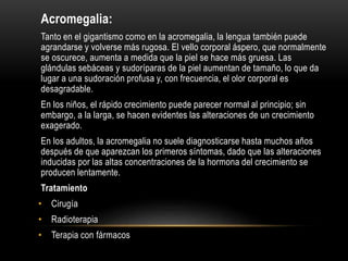 Acromegalia:
Tanto en el gigantismo como en la acromegalia, la lengua también puede
agrandarse y volverse más rugosa. El vello corporal áspero, que normalmente
se oscurece, aumenta a medida que la piel se hace más gruesa. Las
glándulas sebáceas y sudoríparas de la piel aumentan de tamaño, lo que da
lugar a una sudoración profusa y, con frecuencia, el olor corporal es
desagradable.
En los niños, el rápido crecimiento puede parecer normal al principio; sin
embargo, a la larga, se hacen evidentes las alteraciones de un crecimiento
exagerado.
En los adultos, la acromegalia no suele diagnosticarse hasta muchos años
después de que aparezcan los primeros síntomas, dado que las alteraciones
inducidas por las altas concentraciones de la hormona del crecimiento se
producen lentamente.
Tratamiento
• Cirugía
• Radioterapia
• Terapia con fármacos
 