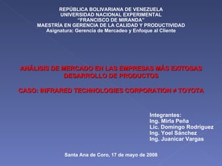 ANÁLISIS DE MERCADO EN LAS EMPRESAS MÁS EXITOSAS DESARROLLO DE PRODUCTOS CASO: INFRARED TECHNOLOGIES CORPORATION ≠   TOYOTA REPÚBLICA BOLIVARIANA DE VENEZUELA UNIVERSIDAD NACIONAL EXPERIMENTAL “ FRANCISCO DE MIRANDA” MAESTRÍA EN GERENCIA DE LA CALIDAD Y PRODUCTIVIDAD Asignatura: Gerencia de Mercadeo y Enfoque al Cliente Santa Ana de Coro, 17 de mayo de 2008 Integrantes: Ing. Mirla Peña Lic. Domingo Rodríguez Ing. Yoel Sánchez Ing. Juanicar Vargas   