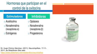 Dr. Hugo Chirino Sánchez. (2011). Neurohipófisis. 17-11-
2017, de SlideShare Sitio web:
https://www.slideshare.net/metalandfun/neurohipfisis
 