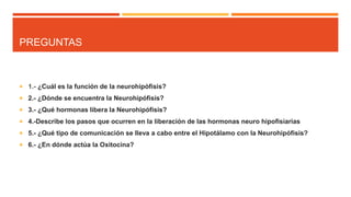 PREGUNTAS
 1.- ¿Cuál es la función de la neurohipófisis?
 2.- ¿Dónde se encuentra la Neurohipófisis?
 3.- ¿Qué hormonas libera la Neurohipófisis?
 4.-Describe los pasos que ocurren en la liberación de las hormonas neuro hipofisiarias
 5.- ¿Qué tipo de comunicación se lleva a cabo entre el Hipotálamo con la Neurohipófisis?
 6.- ¿En dónde actúa la Oxitocina?
 