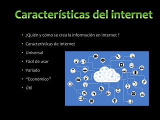 • ¿Quién y cómo se crea la información en Internet ?
• Características de Internet
• Universal
• Fácil de usar
• Variado
• “Económico”
• Útil
 