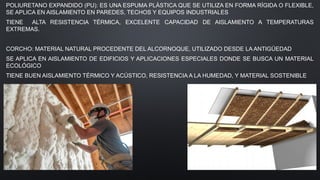 POLIURETANO EXPANDIDO (PU): ES UNA ESPUMA PLÁSTICA QUE SE UTILIZA EN FORMA RÍGIDA O FLEXIBLE,
SE APLICA EN AISLAMIENTO EN PAREDES, TECHOS Y EQUIPOS INDUSTRIALES
TIENE ALTA RESISTENCIA TÉRMICA, EXCELENTE CAPACIDAD DE AISLAMIENTO A TEMPERATURAS
EXTREMAS.
CORCHO: MATERIAL NATURAL PROCEDENTE DEL ALCORNOQUE, UTILIZADO DESDE LA ANTIGÜEDAD
SE APLICA EN AISLAMIENTO DE EDIFICIOS Y APLICACIONES ESPECIALES DONDE SE BUSCA UN MATERIAL
ECOLÓGICO
TIENE BUEN AISLAMIENTO TÉRMICO Y ACÚSTICO, RESISTENCIA A LA HUMEDAD, Y MATERIAL SOSTENIBLE
 
