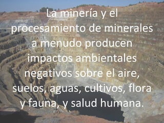 La minería y el procesamiento de minerales a menudo producen impactos ambientales negativos sobre el aire, suelos, aguas, cultivos, flora y fauna, y salud humana. 
