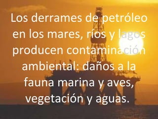 Los derrames de petróleo en los mares, ríos y l ago s producen contamina ció n ambiental: daños a la fauna marina y aves, vegetación y aguas.  