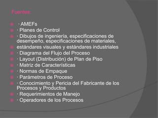 Si no se ofrece ninguna especificación, el diseño del empaque debiera asegurar integridad de los productos en el punto de uso.3.2REVISION DEL SISTEMA DE CALIDAD DEL PRODUCTO/PROCESOEl equipo de planeación de la calidad de un producto debiera revisar el Manual del sistema de calidad de la planta de manufactura.Cualquier control adicional y/o cambio en procedimientos requeridos para fabricar los productos debiera actualizarse en el manual del Sistema de calidad y debiera incluirse también en el plan de control de la manufactura.