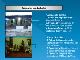 1.Milieu: Patio delantero
2. Patrón de Comportamiento:
Compartir, Reunirse.
3. Synomorphy: si desarrollan en
ese espacio la función deseada
4. Dimensión Temporal: 22 de
septiembre de 2011 hora: 4pm

1. Milieu: Recibidor.
2. Patrón de Comportamiento: Lo
usan para recibir las visitas cortas y no
muy familiares.
3. Synomorphy: Consideramos que si
lo utilizan para lo que fue diseñado.
4. Dimensión Temporal: 22 de
septiembre de 2011 hora: 2y30pm
 