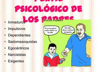 Perfil
     psicológico de
          los padres
• Inmaduros
• Impulsivos
• Dependientes
• Sadomasoquistas
• Egocéntricos
• Narcisistas
• Exigentes
 