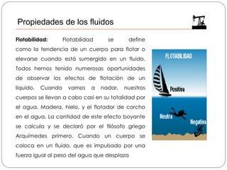 Flotabilidad: Flotabilidad se define
como la tendencia de un cuerpo para flotar o
elevarse cuando está sumergido en un fluido.
Todos hemos tenido numerosas oportunidades
de observar los efectos de flotación de un
líquido. Cuando vamos a nadar, nuestros
cuerpos se llevan a cabo casi en su totalidad por
el agua. Madera, hielo, y el flotador de corcho
en el agua. La cantidad de este efecto boyante
se calcula y se declaró por el filósofo griego
Arquímedes primero. Cuando un cuerpo se
coloca en un fluido, que es impulsado por una
fuerza igual al peso del agua que desplaza
Propiedades de los fluidos
 