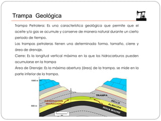 Trampa Geológica
Trampa Petrolera: Es una característica geológica que permite que el
aceite y/o gas se acumule y conserve de manera natural durante un cierto
periodo de tiempo.
Las trampas petroleras tienen una determinada forma, tamaño, cierre y
área de drenaje.
Cierre: Es la longitud vertical máxima en la que los hidrocarburos pueden
acumularse en la trampa
Área de Drenaje: Es la máxima abertura (área) de la trampa, se mide en la
parte inferior de la trampa.
 