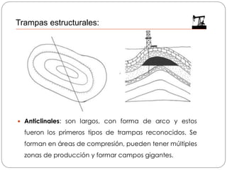 Anticlinales: son largos, con forma de arco y estos
fueron los primeros tipos de trampas reconocidos. Se
forman en áreas de compresión, pueden tener múltiples
zonas de producción y formar campos gigantes.
Trampas estructurales:
 