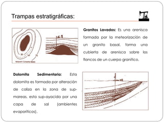 Dolomita Sedimentaria: Esta
dolomita es formada por alteración
de caliza en la zona de sup-
mareas, esta sup-ayacida por una
capa de sal (ambientes
evaporíticos).
Granitos Lavados: Es una arenisca
formada por la meteorización de
un granito basal. forma una
cubierta de arenisca sobre los
flancos de un cuerpo granítico.
Trampas estratigráficas:
 