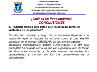 UNIVERSIDAD YACAMBU
                      VICERRECTORADO ACADEMICO
                     DEPARTAMENTO DE CURRICULUM
                 PROGRAMA DE ESTUDIOS POR COMPETENCIA
                   PROGRAMA DOCTORADO EN GERENCIA


                 ¿Cuál es su Pensamiento?
                     CONCLUSIONES
3.- ¿Cuánto tiempo cree usted que ha actuado como los
visitantes de los planetas?
Por decisión unánime y luego de un consenso llegamos a la
conclusión que la mayoría ha actuado como el que decidió
participar en el planeta CIRCULAR; ya que somos agentes
proactivos, motivadores al cambio e innovadores y el otro bajo
porcentaje ha actuado como los que van a pensarlo, a fin de tomar
las decisiones correctas y de esta manera aprovechar las
oportunidades y transitar por los tres componentes de la
transdiciplina.
 