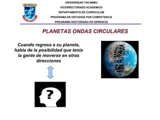 UNIVERSIDAD YACAMBU
                      VICERRECTORADO ACADEMICO
                     DEPARTAMENTO DE CURRICULUM
                 PROGRAMA DE ESTUDIOS POR COMPETENCIA
                   PROGRAMA DOCTORADO EN GERENCIA


             PLANETAS ONDAS CIRCULARES

 Cuando regresa a su planeta,
habla de la posibilidad que tenia
 la gente de moverse en otras
           direcciones
 