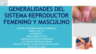 GENERALIDADES DEL
SISTEMA REPRODUCTOR
FEMENINO Y MASCULINO
MATERIA. ENFERMERIA MEDICO QUIRÚRGICA
GRUPO: LEO «D»
INTEGRANTES :
-ORALIA MORALES TAPIA
-JACQUELINE GONZÁLEZ DOMÍNGUEZ
-LUZ VALERIA RODRÍGUEZ LOZADA
DOCENTE: NAYHELY GUADALUPE PACHECO DE DIOS .
FECHA: 07/11/2020
 