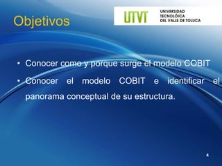 Objetivos

• Conocer como y porque surge el modelo COBIT

• Conocer   el   modelo   COBIT e   identificar       el
 panorama conceptual de su estructura.




                                                  4
 