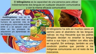El bilingüismo ha sido en muchos casos un
camino para el abandono de las lenguas
nativas: es muy frecuente que los padres
bilingües decidan no enseñar la lengua
nativa a sus hijos y hablen con ellos sólo
en español. Sin embargo, también es una
condición positiva que permite a los
indígenas comunicarse con el resto de los
mexicanos.
El bilingüismo es la capacidad de una persona para utilizar
indistintamente dos lenguas en cualquier situación comunicativa
y con la misma eficacia comunicativa
multilingüismo, que es la
capacidad que tiene todo ser
humano de aprender más de
una lengua y cómo éstas actúan
entre sí y se apoyan unas a
otras en los procesos de
adquisición y/o aprendizaje de
las mismas.
 