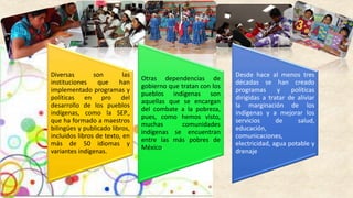 Diversas son las
instituciones que han
implementado programas y
políticas en pro del
desarrollo de los pueblos
indígenas, como la SEP.,
que ha formado a maestros
bilingües y publicado libros,
incluidos libros de texto, en
más de 50 idiomas y
variantes indígenas.
Otras dependencias de
gobierno que tratan con los
pueblos indígenas son
aquellas que se encargan
del combate a la pobreza,
pues, como hemos visto,
muchas comunidades
indígenas se encuentran
entre las más pobres de
México.
Desde hace al menos tres
décadas se han creado
programas y políticas
dirigidas a tratar de aliviar
la marginación de los
indígenas y a mejorar los
servicios de salud,
educación,
comunicaciones,
electricidad, agua potable y
drenaje
 
