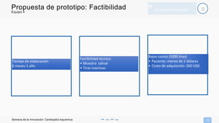 Equipo 4
10
Propuesta de prototipo: Factibilidad
Semana de la Innovación: Cardiopatía Isquemica
Tiempo de elaboración
6 meses-1 año
Factibilidad técnica:
• Muestra salival
• Tiras reactivas
Bajos costos (5000 tiras)
• Paciente: menos de 2 dólares
• Costo de adquisición: 260 USD
® Derechos Reservados
 