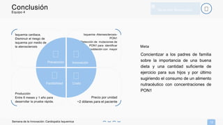 Equipo 4
Isquemia cardiaca.
Disminuir el riesgo de
isquemia por medio de
la aterosclerosis
Isquemia -Ateroesclerosis-
PON1
Detección de mutaciones de
PON1 para identificar
población con mayor
Precio por unidad
~2 dólares para el paciente
Producción
Entre 6 meses y 1 año para
desarrollar la prueba rápida.
12
Conclusión
Semana de la Innovación: Cardiopatía Isquemica
Innovación
CostoFactibilidad
Prevención
Meta
Concientizar a los padres de familia
sobre la importancia de una buena
dieta y una cantidad suficiente de
ejercicio para sus hijos y por último
sugiriendo el consumo de un alimento
nutracéutico con concentraciones de
PON1
® Derechos Reservados
 