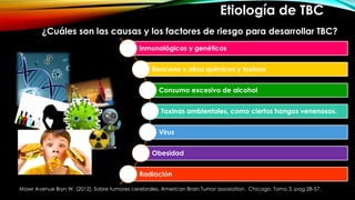 ¿Cuáles son las causas y los factores de riesgo para desarrollar TBC?
Inmunológicos y genéticos
Benceno y otros químicos y toxinas
Consumo excesivo de alcohol
Toxinas ambientales, como ciertos hongos venenosos.
Virus
Obesidad
Radiación
Etiología de TBC
Mawr Avenue Bryn W. (2012). Sobre tumores cerebrales. American Brain Tumor assosiation. Chicago. Tomo 3. pag 28-57.
 