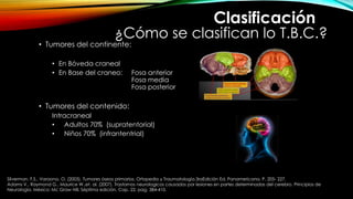 ¿Cómo se clasifican lo T.B.C.?
• Tumores del continente:
• En Bóveda craneal
• En Base del craneo: Fosa anterior
Fosa media
Fosa posterior
• Tumores del contenido:
Intracraneal
• Adultos 70% (supratentorial)
• Niños 70% (infrantentrial)
Clasificación
Silverman, F.S., Varaona, O. (2003). Tumores óseos primarios. Ortopedia y Traumatología.3raEdición Ed. Panamericana. P. 205- 227.
Adams V., Raymond G., Maurice W.,et. al. (2007). Trastornos neurologicos causados por lesiones en partes determinadas del cerebro. Principios de
Neurología. México: Mc Graw Hill. Séptima edición. Cap. 22. pag. 384-410.
 