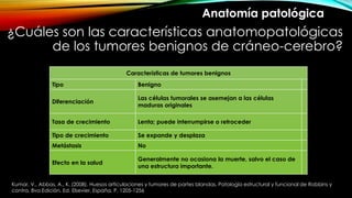 ¿Cuáles son las características anatomopatológicas
de los tumores benignos de cráneo-cerebro?
Características de tumores benignos
Tipo Benigno
Diferenciación
Las células tumorales se asemejan a las células
maduras originales
Tasa de crecimiento Lenta; puede interrumpirse o retroceder
Tipo de crecimiento Se expande y desplaza
Metástasis No
Efecto en la salud
Generalmente no ocasiona la muerte, salvo el caso de
una estructura importante.
Anatomía patológica
Kumar, V., Abbas, A., K. (2008). Huesos articulaciones y tumores de partes blandas. Patología estructural y funcional de Robbins y
contra. 8va Edición. Ed. Elsevier, España. P. 1205-1256
 