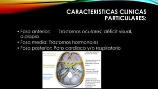 CARACTERISTICAS CLINICAS
PARTICULARES:
• Fosa anterior: Trastornos oculares: déficit visual,
diplopia
• Fosa media: Trastornos hormonales
• Fosa posterior: Paro cardiaco y/o respiratorio
 