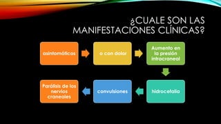 ¿CUALE SON LAS
MANIFESTACIONES CLÍNICAS?
asintomáticos o con dolor
Aumento en
la presión
intracraneal
hidrocefaliaconvulsiones
Parálisis de los
nervios
craneales
 
