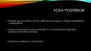 FOSA POSTERIOR
• Perdida de la audición: Tinnitus (65%) de tono agudo, Vértigo Inestabilidad
y desequilibrio
• Puede Comprimir los pares craneales V y VII (hipoestesia trigeminal,
abolición del reflejo corneal)
• Trastornos cardiacos y respiratorios
 