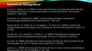 Referencias Bibliográficas
Kumar, V., Abbas, A., K. (2008). Huesos articulaciones y tumores de partes blandas.
Patología estructural y funcional de Robbins y contra. 8va Edición. Ed. Elsevier,
España. P. 1205-1256.
Silverman, F.S., Varaona, O. (2003). Tumores óseos primarios. Ortopedia y
Traumatología.3raEdición Ed. Panamericana. P. 205- 227.
Ibarra, de la T., A. Trujillo, O., H., M. Aguilar, L., R., Silva, M., F. (2006). Tumores del
cráneo: experiencia quirúrgica con 15 pacientes. Archivo Neurociencias. México. P.
277-281.
Niveiro, de J., M., Aranda, L., I. Periro, C., G. (2009). Patología de los adenomas
hipofisarios. Revista española de patología. Vol. 36, n° 4. España. P. 357-372.
Zuccaro, G. (2008). Ependimoma intracraneal en la infancia. Revista Argentina de
neurocirugía. Vol. 22, n° 4. Buenos Aires Argentina. P. 132-135.
López, D., L. (2008). Neurocirugía. Presentación de un caso y revisión de la literatura
Neurocirugía. Vol. 18. n°3. España. P. 241- 246.
 