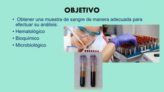 OBJETIVO
• Obtener una muestra de sangre de manera adecuada para
efectuar su análisis:
• Hematológico
• Bioquímico
• Microbiológico
 