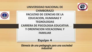 UNIVERSIDAD NACIONAL DE
CHIMBORAZO
FACULTAD DE CIENCIAS DE LA
EDUCACION, HUMANAS Y
TEGNOLOGIAS
CARRERA DE PSICOLOGIA EDUCATIVA
Y ORENTACION VOCACIONAL Y
FAMILIAR
Equipo 4
Génesis de una pedagogía para una sociedad
industrial
 