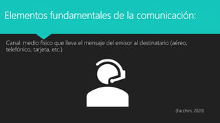 Elementos fundamentales de la comunicación:
Canal: medio físico que lleva el mensaje del emisor al destinatario (aéreo,
telefónico, tarjeta, etc.)
(Facchini, 2020)
 