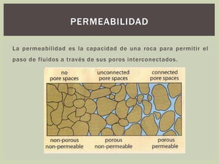 La permeabilidad es la capacidad de una roca para permitir el
paso de fluidos a través de sus poros interconectados.
PERMEABILIDAD
 