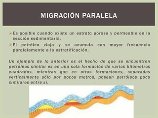 ➢Es posible cuando existe un estrato poroso y permeable en la
sección sedimentaria.
➢El petróleo viaja y se acumula con mayor frecuencia
paralelamente a la estratificación.
Un ejemplo de lo anterior es el hecho de que se encuentren
petróleos similar es en una sola formación de varios kilómetros
cuadrados, mientras que en otras formaciones, separadas
verticalmente sólo por pocos metros, poseen petróleos poco
similares entre sí.
MIGRACIÓN PARALELA
 