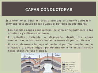 Este término es para las rocas profundas, altamente porosas y
permeables a través de las cuales el petróleo puede migrar.
• Las posibles capas conductoras incluyen principalmente a las
areniscas y calizas cavernosas.
• El petróleo asciende o desciende desde las capas
conductoras, a las rocas almacén a través de poros o fisuras.
• Una vez alcanzada la capa almacén, el petróleo puede quedar
atrapado o puede migrar paralelamente a la estratificación
hasta encontrar una trampa.
CAPAS CONDUCTORAS
 