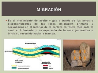  Es el movimiento de aceite y gas a través de los poros o
discontinuidades de las rocas (migración primaria y
secundaria) en el interior de la corteza terrestre mediante el
cual, el hidrocarburo es expulsado de la roca generadora e
inicia su recorrido hacia la trampa.
MIGRACIÓN
 
