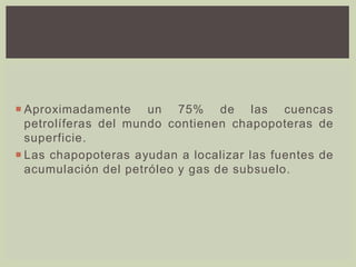  Aproximadamente un 75% de las cuencas
petrolíferas del mundo contienen chapopoteras de
superficie.
 Las chapopoteras ayudan a localizar las fuentes de
acumulación del petróleo y gas de subsuelo.
 
