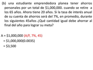 (b) una estudiante emprendedora planea tener ahorros
  personales por un total de $1,000,000. cuando se retire a
  los 65 años. Ahora tiene 20 años. Si la tasa de interés anual
  de su cuenta de ahorros será del 7%, en promedio, durante
  los siguientes 45años ¿Qué cantidad igual debe ahorrar al
  final del año para lograr su meta?

A = $1,000,000 (A/F, 7%, 45)
 = $1,000,000(0.0035)
 = $3,500
 