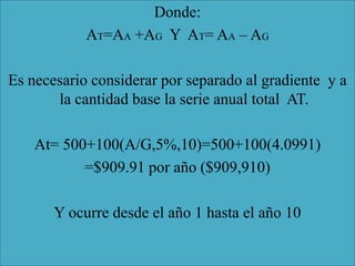 Donde:
            AT=AA +AG Y AT= AA – AG

Es necesario considerar por separado al gradiente y a
       la cantidad base la serie anual total AT.

    At= 500+100(A/G,5%,10)=500+100(4.0991)
           =$909.91 por año ($909,910)

       Y ocurre desde el año 1 hasta el año 10
 