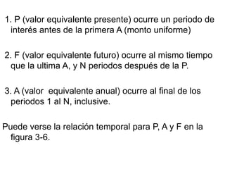 1. P (valor equivalente presente) ocurre un periodo de
 interés antes de la primera A (monto uniforme)

2. F (valor equivalente futuro) ocurre al mismo tiempo
 que la ultima A, y N periodos después de la P.

3. A (valor equivalente anual) ocurre al final de los
 periodos 1 al N, inclusive.

Puede verse la relación temporal para P, A y F en la
  figura 3-6.
 