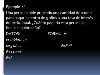 Ejemplo 1º
Una persona pide prestado una cantidad de $1000
para pagarlo dentro de 5 años a una tasa de interés
del 20% anual. ¿Cuánto pagaría esta persona al
final del quinto año?
DATOS:                  FORMULA:
r=20%=0.20
n=5 años                        F=Pern
P=$1000
F=?
 