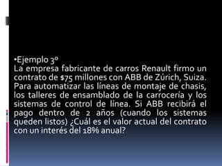 •Ejemplo 3º
La empresa fabricante de carros Renault firmo un
contrato de $75 millones con ABB de Zúrich, Suiza.
Para automatizar las líneas de montaje de chasis,
los talleres de ensamblado de la carrocería y los
sistemas de control de línea. Si ABB recibirá el
pago dentro de 2 años (cuando los sistemas
queden listos) ¿Cuál es el valor actual del contrato
con un interés del 18% anual?
 