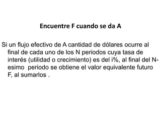 Encuentre F cuando se da A

Si un flujo efectivo de A cantidad de dólares ocurre al
  final de cada uno de los N periodos cuya tasa de
  interés (utilidad o crecimiento) es del i%, al final del N-
  esimo periodo se obtiene el valor equivalente futuro
  F, al sumarlos .
 