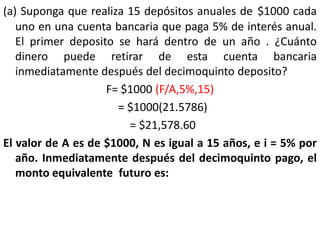 (a) Suponga que realiza 15 depósitos anuales de $1000 cada
   uno en una cuenta bancaria que paga 5% de interés anual.
   El primer deposito se hará dentro de un año . ¿Cuánto
   dinero puede retirar de esta cuenta bancaria
   inmediatamente después del decimoquinto deposito?
                    F= $1000 (F/A,5%,15)
                      = $1000(21.5786)
                        = $21,578.60
El valor de A es de $1000, N es igual a 15 años, e i = 5% por
   año. Inmediatamente después del decimoquinto pago, el
   monto equivalente futuro es:
 
