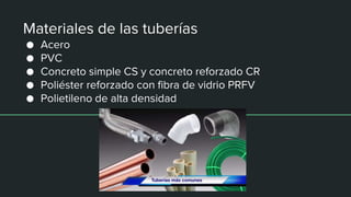 Materiales de las tuberías
● Acero
● PVC
● Concreto simple CS y concreto reforzado CR
● Poliéster reforzado con fibra de vidrio PRFV
● Polietileno de alta densidad
 