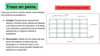Trazo en peine.
Trazo que se forma cuando existen varias atarjeas
con tendencia al paralelismo.
➔ Ventajas: Se garantizan aportaciones
rápidas y directas de las cabezas de atarjeas
a la tubería común de cada peine, y de éstas
a los colectores, propiciando que se presente
rápidamente un régimen hidráulico
establecido.
➔ Desventajas: Debido al corto desarrollo que
tienen las atarjeas iniciales antes de
descargar a un conducto mayor, en la
mayoría de los casos aquellas trabajan por
debajo de su capacidad.
Trazo de la red de atarjeas en peine
 