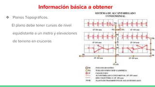 Información básica a obtener
❖ Planos Topográficos.
El plano debe tener curvas de nivel
equidistante a un metro y elevaciones
de terreno en cruceros
 