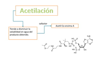 cofactor
                                     Acetil Co-enzima A
Tiende a disminuir la
solubilidad en agua del
producto obtenido.
 