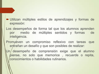  Utilizan múltiples estilos de aprendizajes y formas de
expresión:
Los desempeños de forma tal que los alumnos aprenden
por medio de múltiples sentidos y formas de
inteligencia.
Promueven un compromiso reflexivo con tareas que
entrañan un desafío y que son posibles de realizar:
Un desempeño de comprensión exige que el alumno
piense, no solo que memorice , recuerde o repita,
conocimientos o habilidades rutinarios.
 